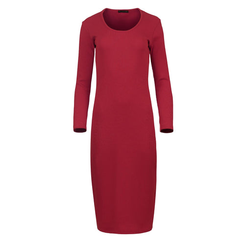 Long Sleeve Round Neck Midi Dress in Ribbed Cotton-Elastane Mulberry