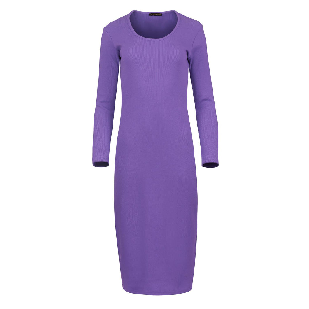 Long Sleeve Round Neck Midi Dress in Ribbed Cotton-Elastane Purple