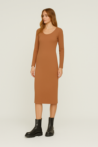 Long Sleeve Round Neck Midi Dress in Ribbed Cotton-Elastane Chocolate
