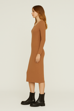 Load image into Gallery viewer, Long Sleeve Round Neck Midi Dress in Ribbed Cotton-Elastane Chocolate