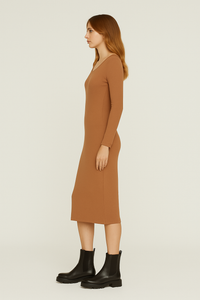 Long Sleeve Round Neck Midi Dress in Ribbed Cotton-Elastane Chocolate