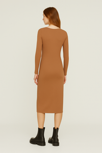 Long Sleeve Round Neck Midi Dress in Ribbed Cotton-Elastane Chocolate