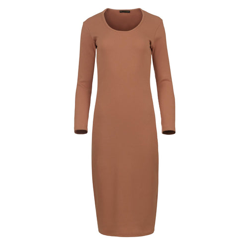 Long Sleeve Round Neck Midi Dress in Ribbed Cotton-Elastane Chocolate