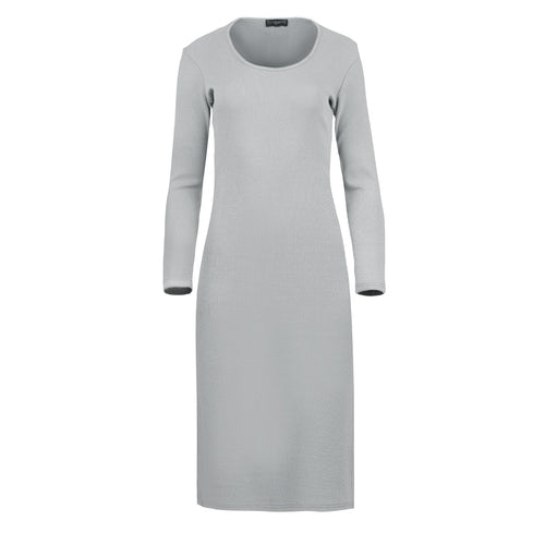 Long Sleeve Round Neck Midi Dress in Ribbed Cotton-Elastane Gray with Side Slits