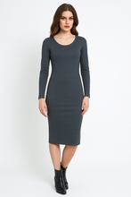 Load image into Gallery viewer, Long Sleeve Round Neck Midi Dress in Ribbed Cotton-Elastane Anthracite