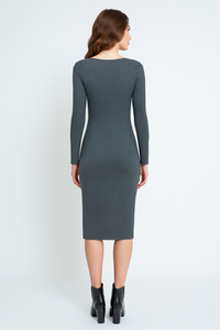 Long Sleeve Round Neck Midi Dress in Ribbed Cotton-Elastane Anthracite