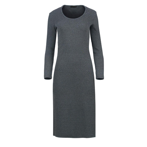 Long Sleeve Round Neck Midi Dress in Ribbed Cotton-Elastane Anthracite