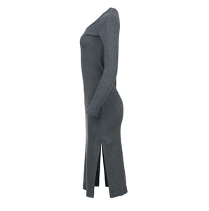 Long Sleeve Round Neck Midi Dress in Ribbed Cotton-Elastane Anthracite