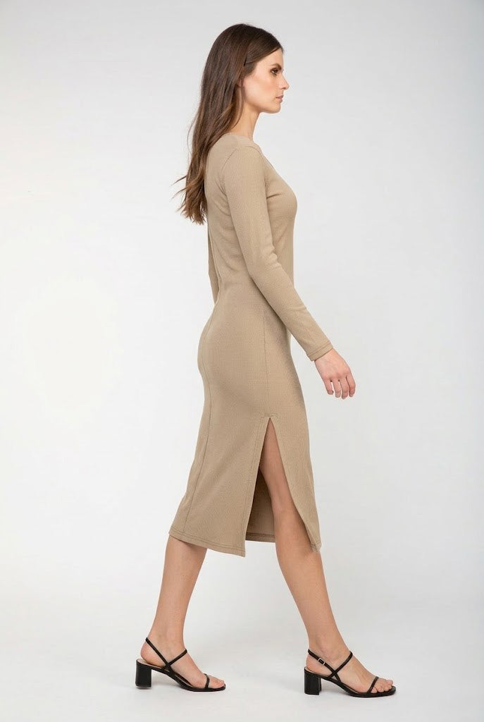 Long Sleeve Round Neck Midi Dress in Ribbed Cotton-Elastane Beige