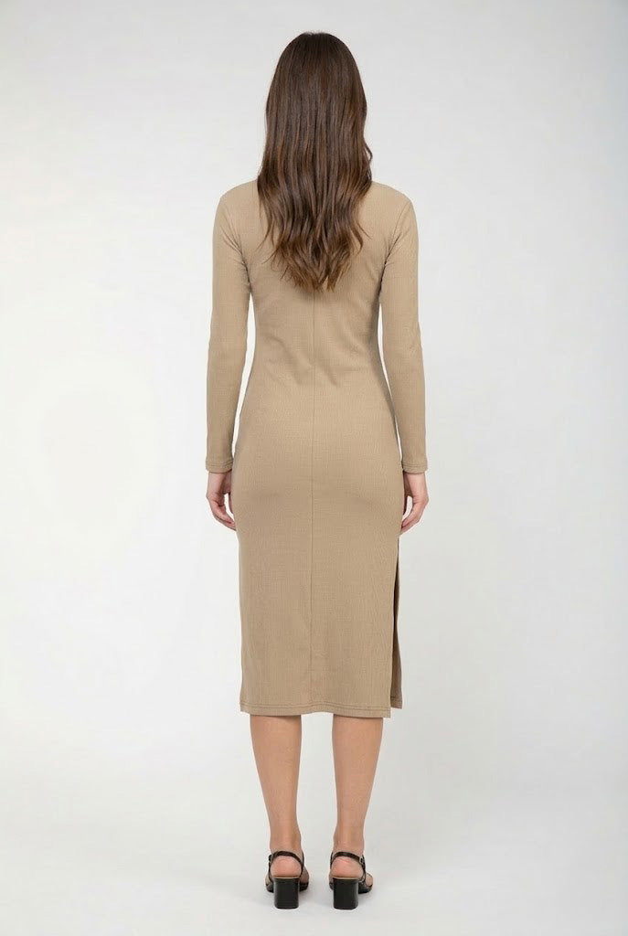 Long Sleeve Round Neck Midi Dress in Ribbed Cotton-Elastane Beige