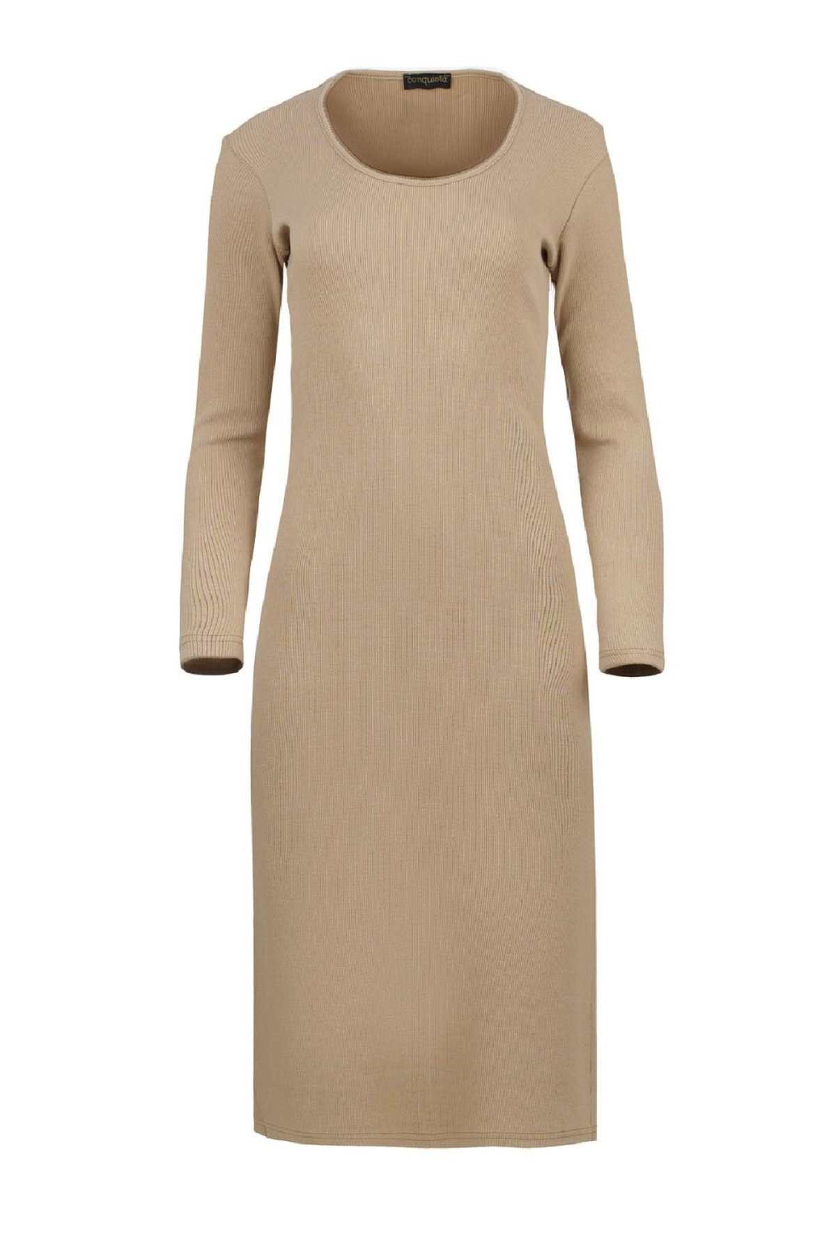 Long Sleeve Round Neck Midi Dress in Ribbed Cotton-Elastane Beige
