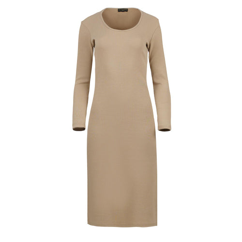 Long Sleeve Round Neck Midi Dress in Ribbed Cotton-Elastane Beige