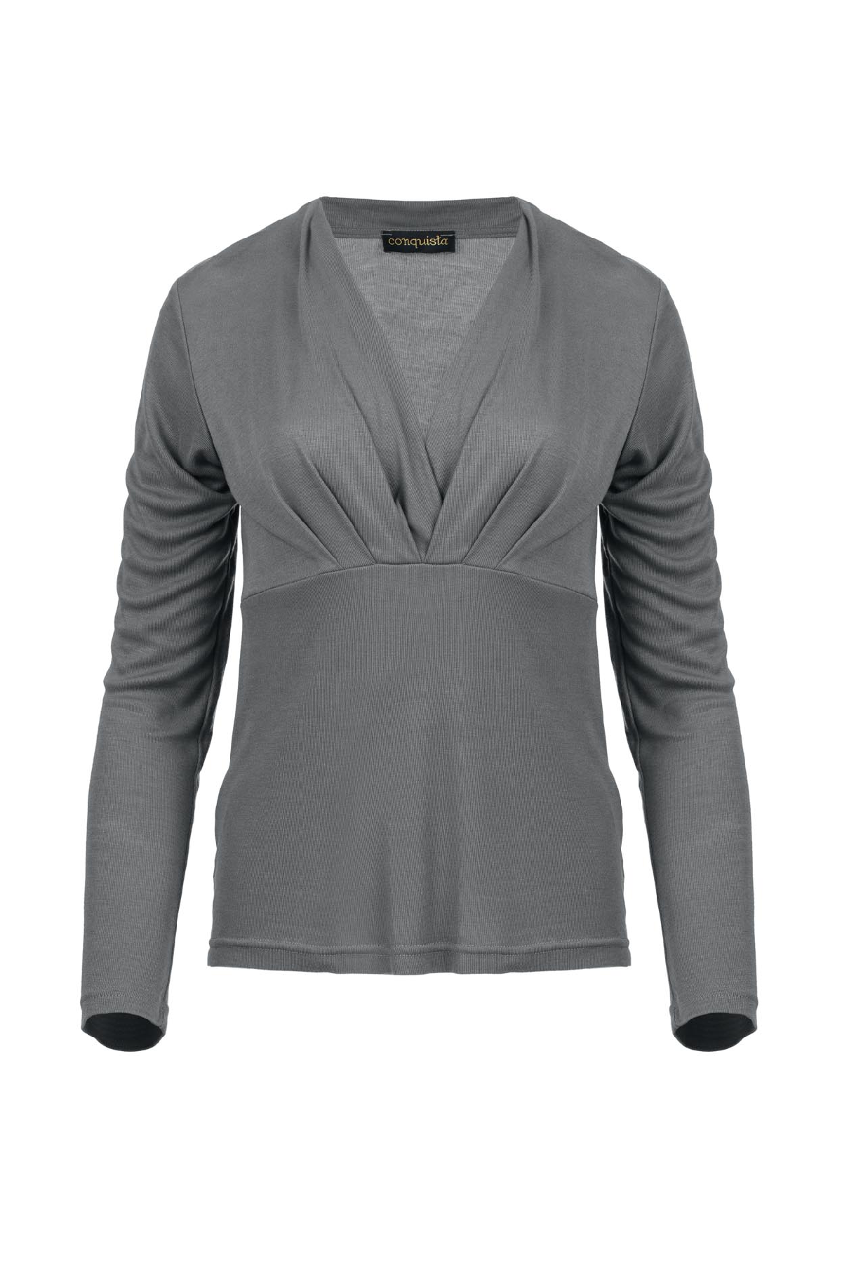 Soft Grey Ribbed Viscose Jersey Top – V-Neck, Long Sleeve