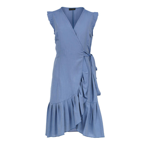 Denim Sleeveless Ruffled Wrap Dress in Tencel Poplin