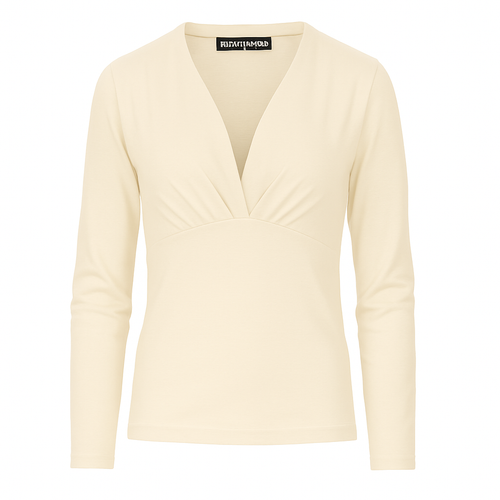 Beige Long Sleeve Faux Wrap Top in Stretch Jersey Sustainable Fabric