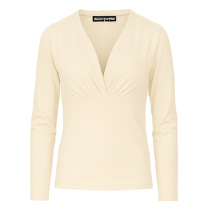 Beige Long Sleeve Faux Wrap Top in Stretch Jersey Sustainable Fabric