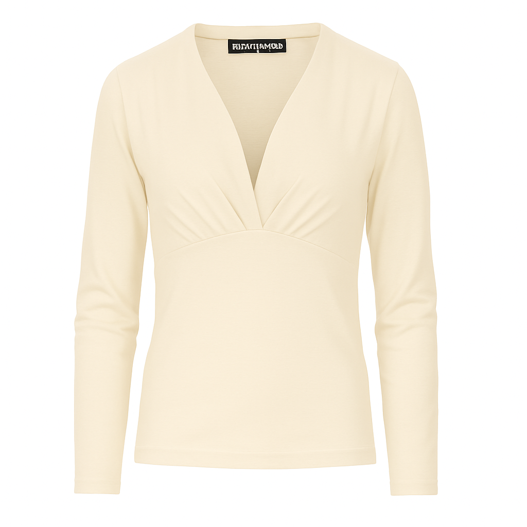 Beige Long Sleeve Faux Wrap Top in Stretch Jersey Sustainable Fabric
