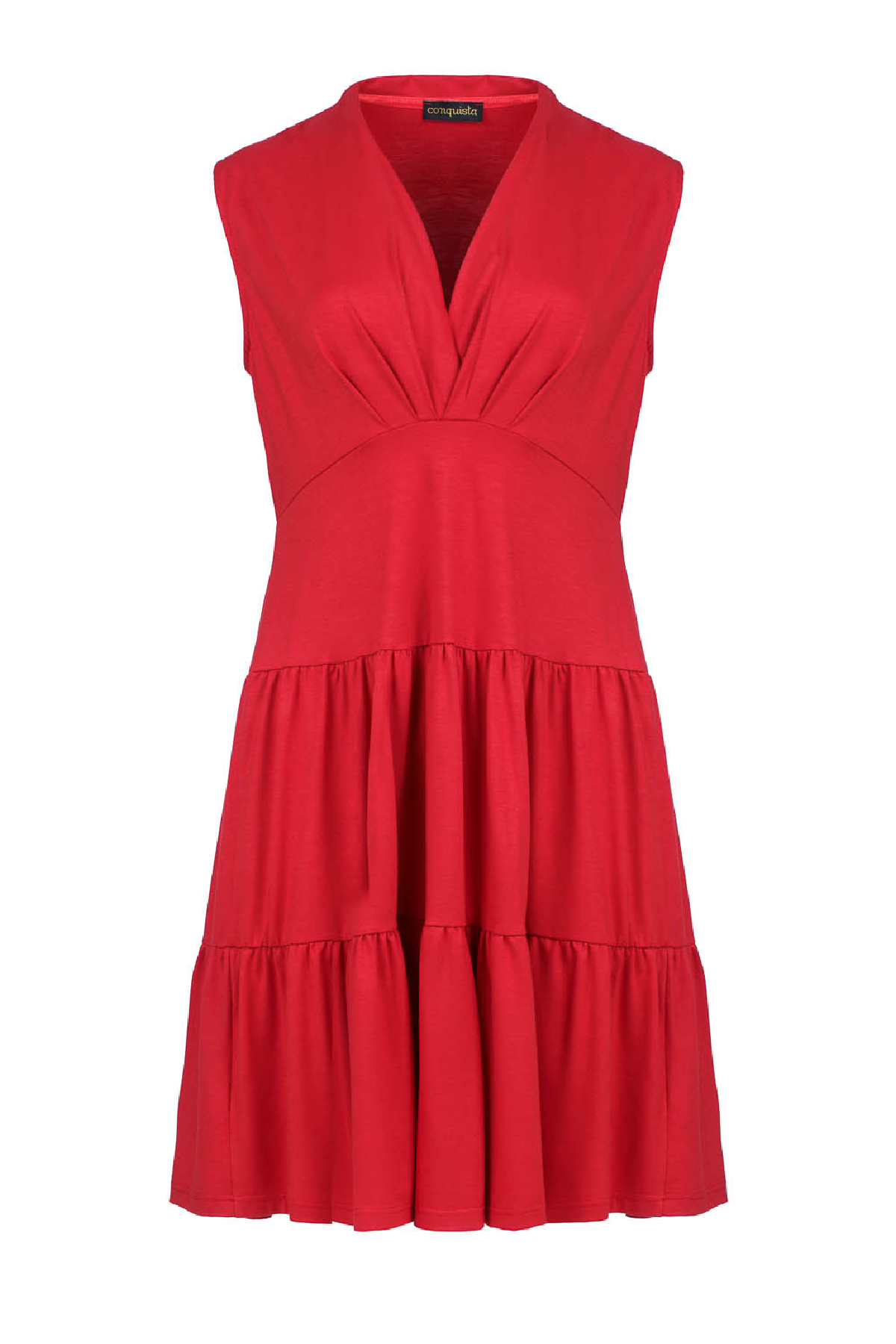Conquista Φόρεμα Mini Casual Αμάνικο V-Λαιμόκοψη Με Σούρες & Βολάν Μονόχρωμο Κόκκινο C241-130-30