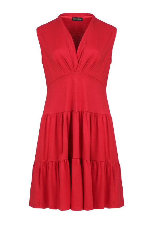 Conquista Φόρεμα Mini Casual Αμάνικο V-Λαιμόκοψη Με Σούρες & Βολάν Μονόχρωμο Κόκκινο C241-130-30