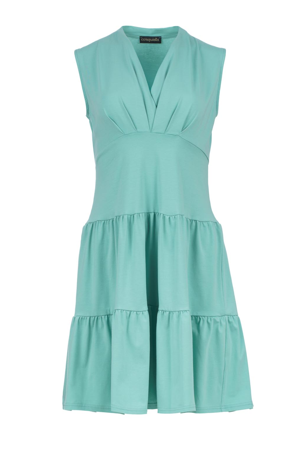 Conquista Φόρεμα Mini Casual Αμάνικο V-Λαιμόκοψη Με Βολάν Μονόχρωμο Βαμβάκι Ελαστάνη Πράσινο Jade C241-130-56