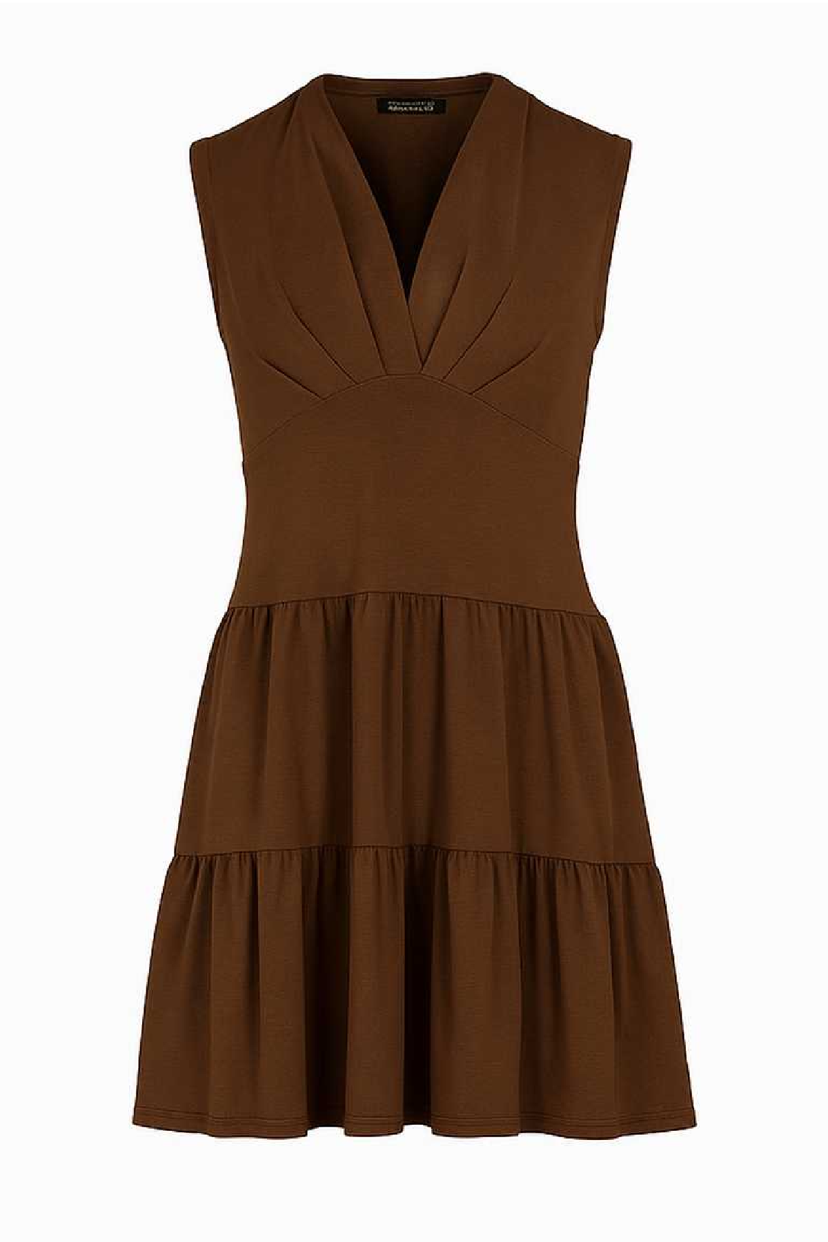 Conquista Φόρεμα Mini Casual V-Λαιμόκοψη Αμάνικο Με Βολάν Μονόχρωμο Βισκόζη Ελαστάνη Καφέ C241-131-04