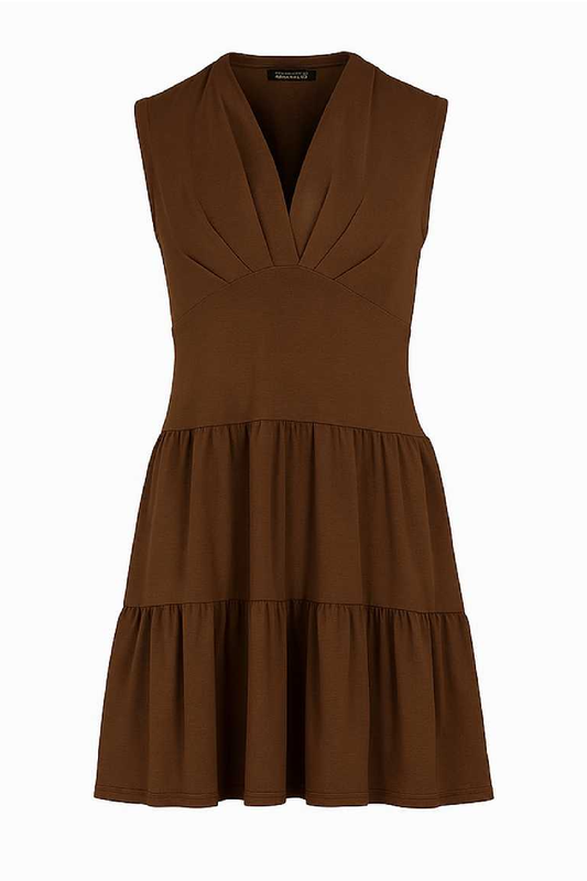 Conquista Φόρεμα Mini Casual V-Λαιμόκοψη Αμάνικο Με Βολάν Μονόχρωμο Βισκόζη Ελαστάνη Καφέ C241-131-04
