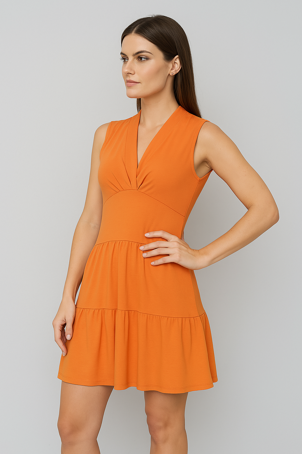 Conquista Φόρεμα Mini Casual Αμάνικο V-Λαιμόκοψη Με Βολάν Μονόχρωμο Βισκόζη Πορτοκαλί C241-131