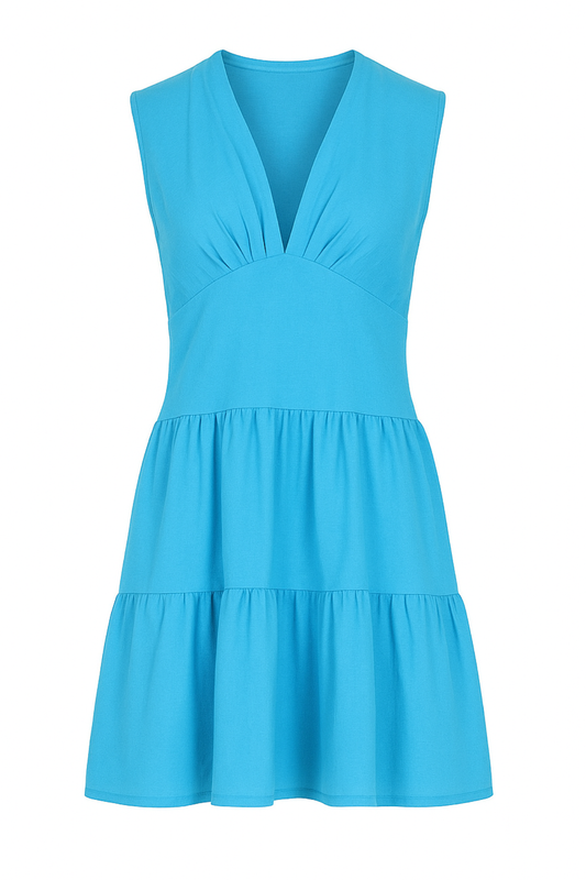 Turquoise Sleeveless V-Neck Jersey Dress – Loose Fit, Knee-Length