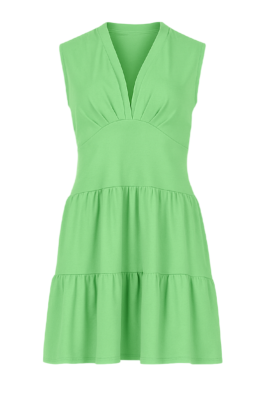 Green Sleeveless V-Neck Jersey Dress – Loose Fit, Knee-Length