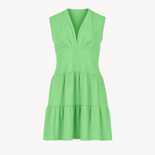 Green Sleeveless V-Neck Jersey Dress – Loose Fit, Knee-Length