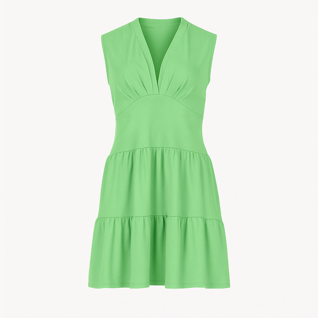 Green Sleeveless V-Neck Jersey Dress – Loose Fit, Knee-Length