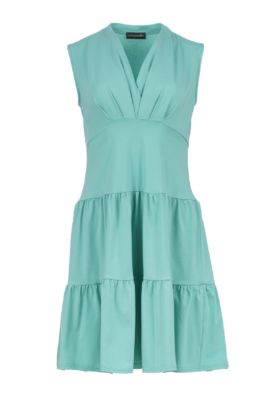 Conquista Φόρεμα Mini Casual Αμάνικο V-Λαιμόκοψη Με Σούρες & Βολάν Μονόχρωμο Μέντα C241-131-56