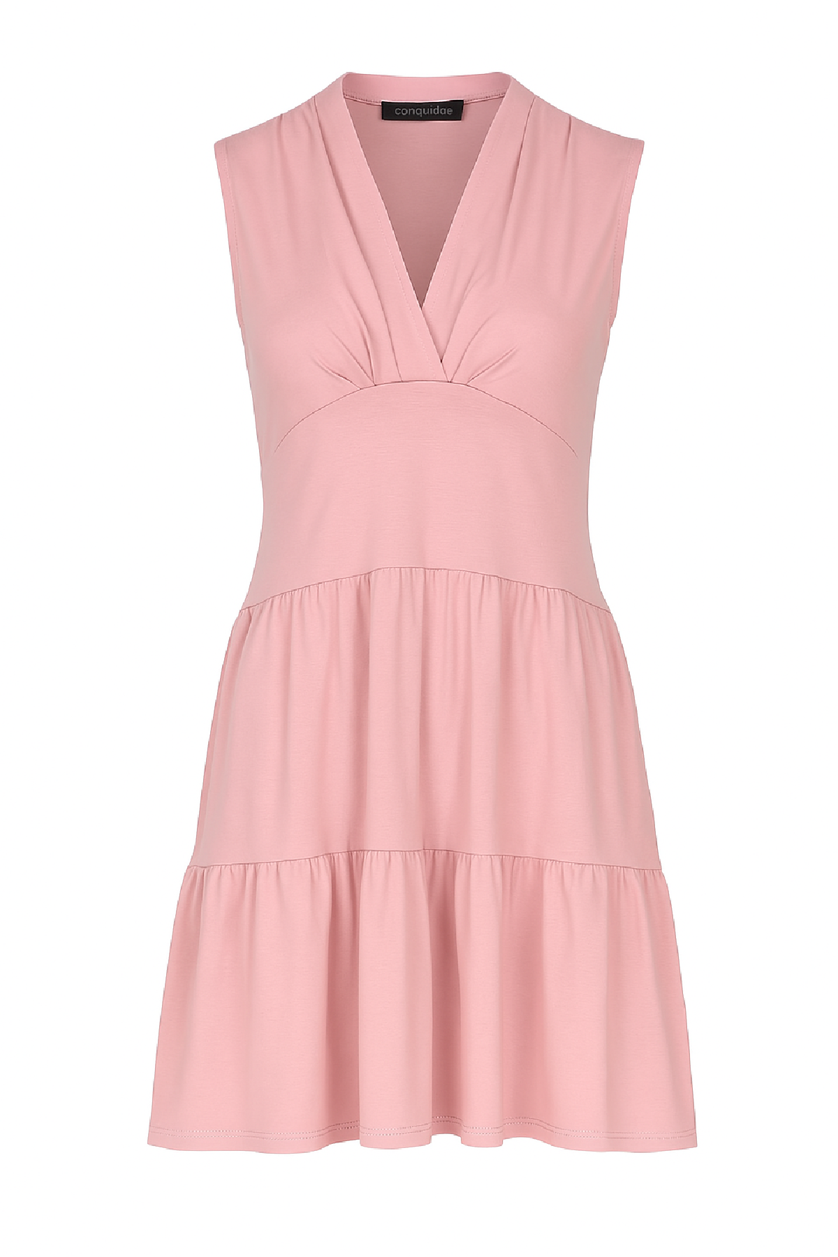 Conquista Φόρεμα Mini Casual Αμάνικο V-Λαιμόκοψη Με Βολάν Μονόχρωμο Ροζ C241-131-61
