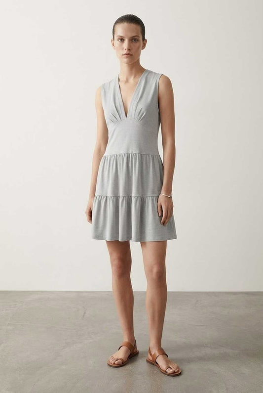 Conquista Φόρεμα Mini Casual Αμάνικο V-Λαιμόκοψη Με Βολάν Μονόχρωμο Γκρι C241-132-02