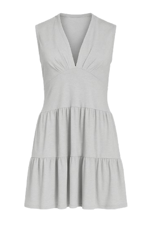 Conquista Φόρεμα Mini Casual Αμάνικο V-Λαιμόκοψη Με Βολάν Μονόχρωμο Γκρι C241-132-02