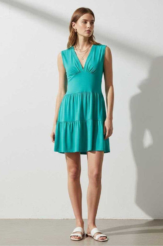 Sleeveless Tiered V-Neck Dress in Aqua Green
