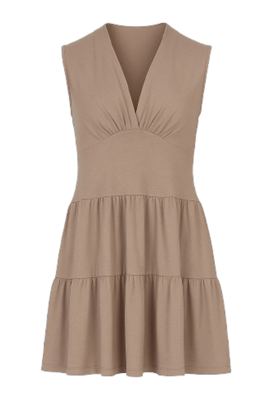 Sleeveless Tiered Mini Dress in Warm Taupe – Chic, Versatile, Effortlessly Relaxed