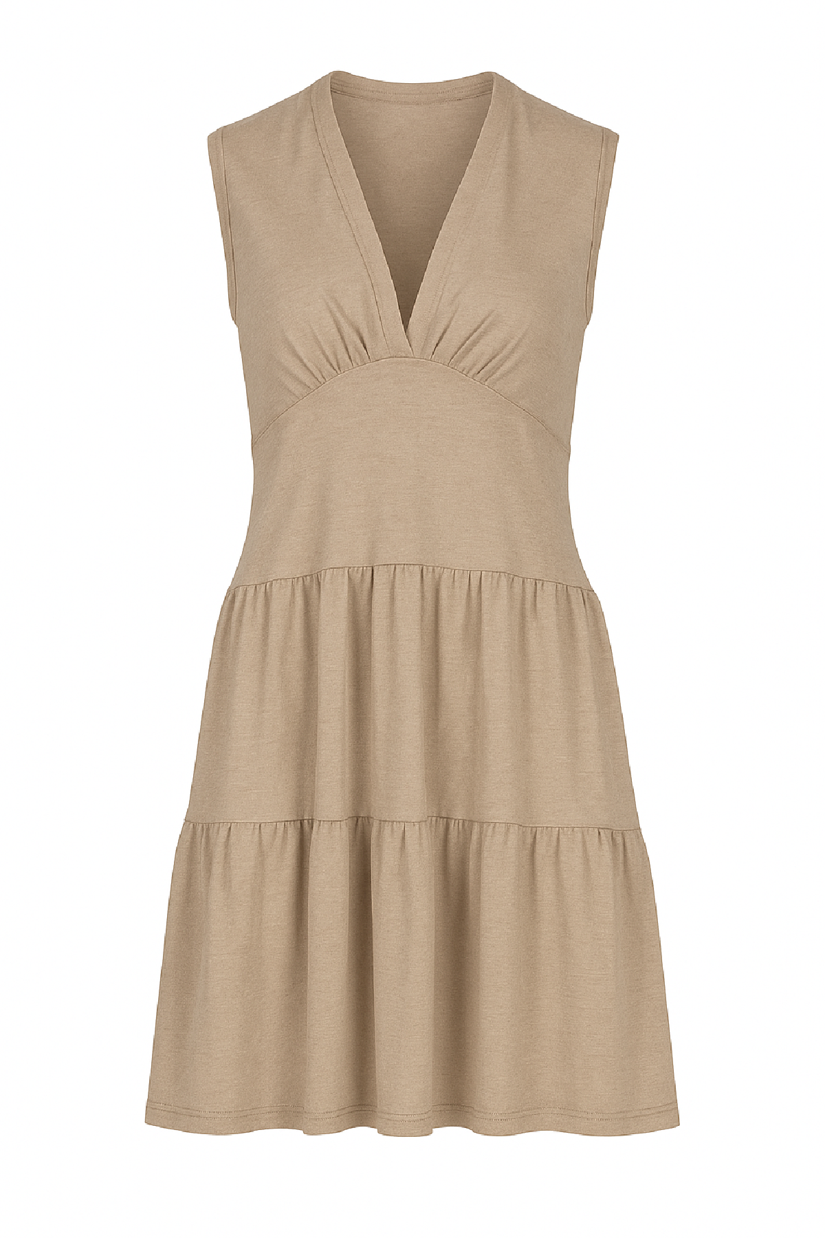 Conquista Φόρεμα Mini Casual Αμάνικο V-Λαιμόκοψη Με Σούρες Μονόχρωμο Μπεζ C241-132-47