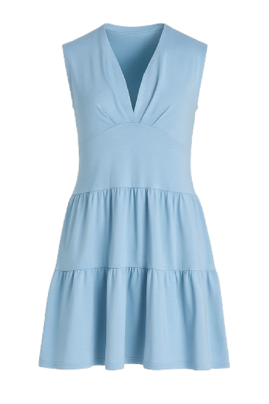 Sleeveless Tiered V-Neck Dress in Soft Sky Blue
