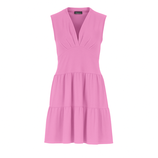 Conquista Φόρεμα Mini Casual Αμάνικο V-Λαιμόκοψη Με Βολάν Μονόχρωμο Ροζ C241-141-36