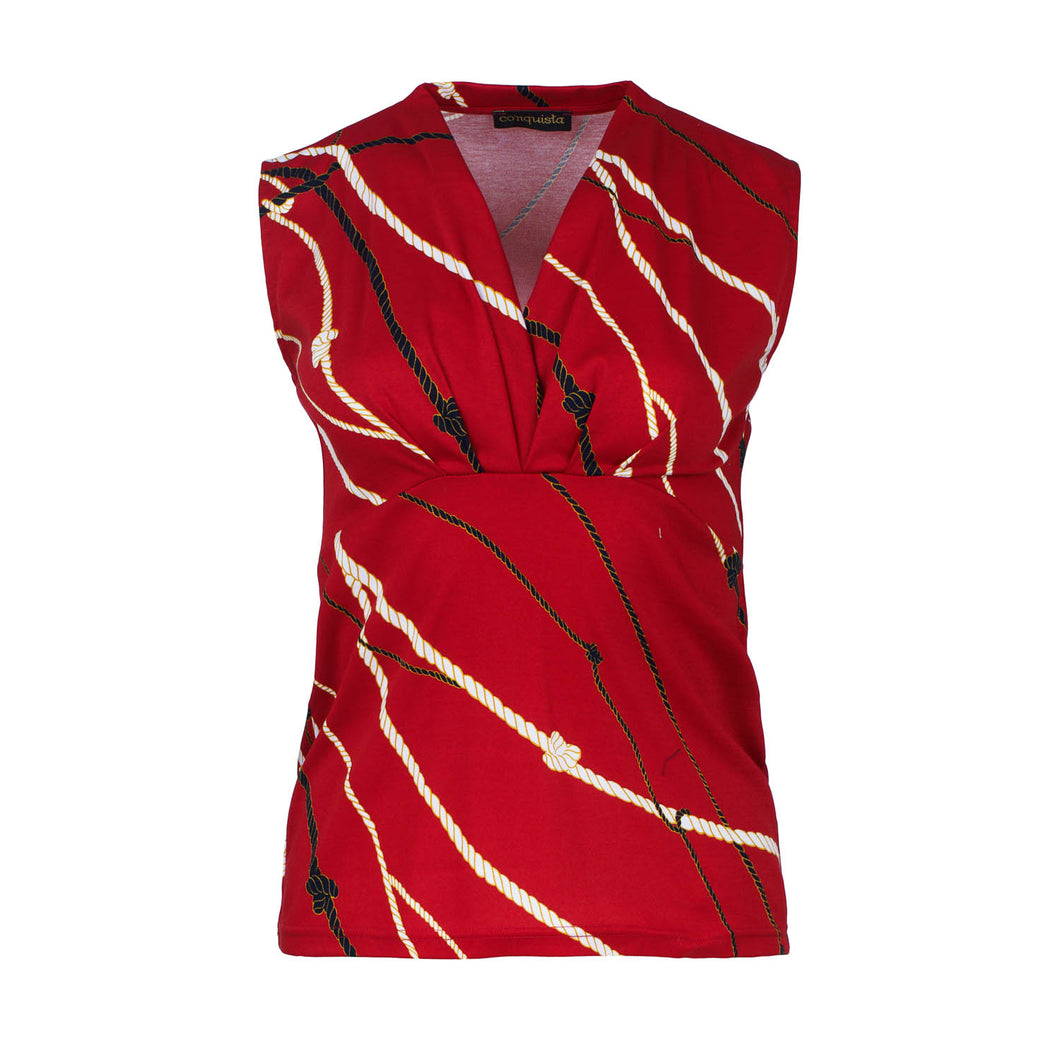 Red Cotton Jersey Sleeveless Top with Rope Print