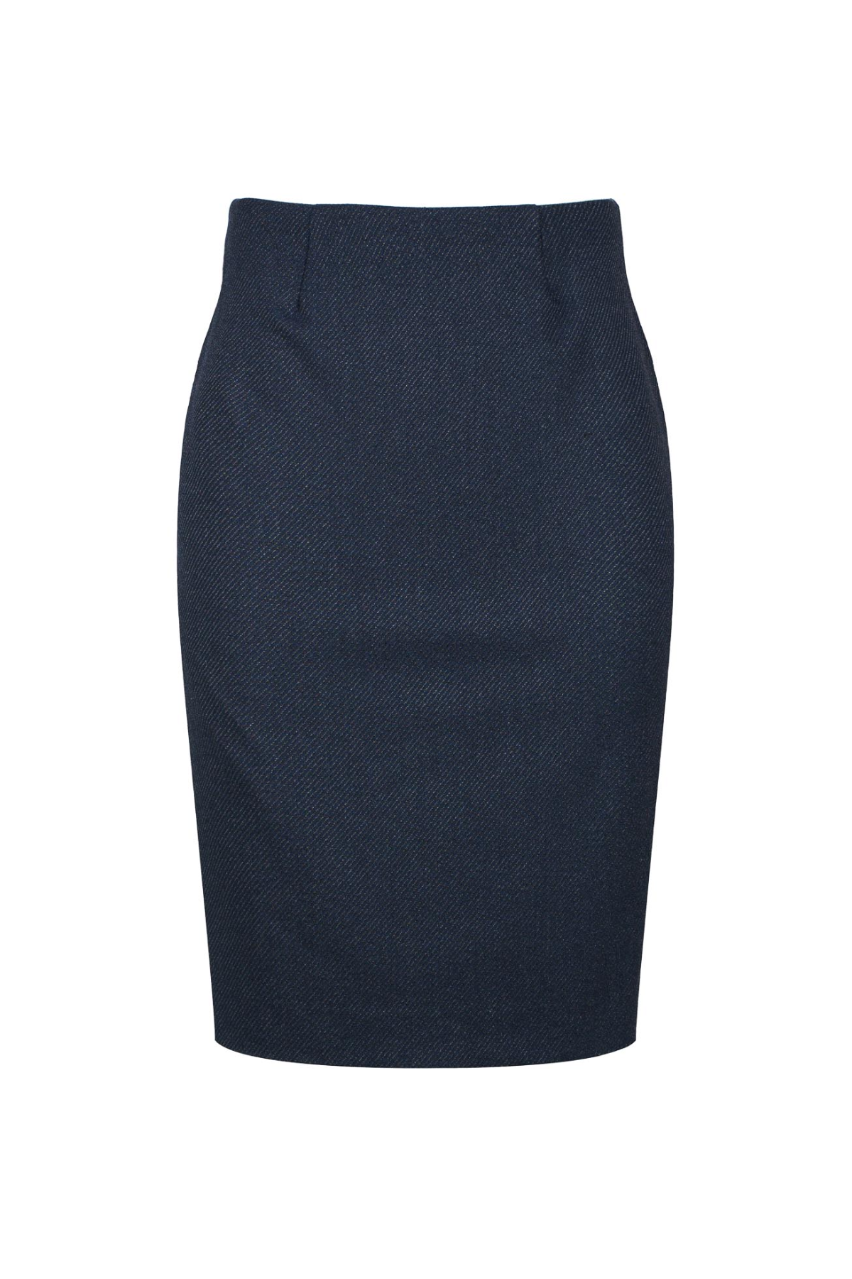Classic Navy Pencil Midi Skirt – Subtle Pinstripe, Elastic Fabric, Back Slit
