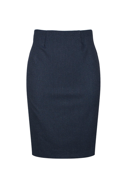 Classic Navy Pencil Midi Skirt – Subtle Pinstripe, Elastic Fabric, Back Slit