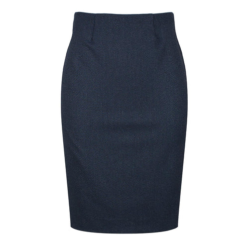 Classic Navy Pencil Midi Skirt – Subtle Pinstripe, Elastic Fabric, Back Slit