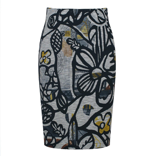 Abstract Print Textured Pencil Midi Skirt – Elastic Fabric, Back Slit