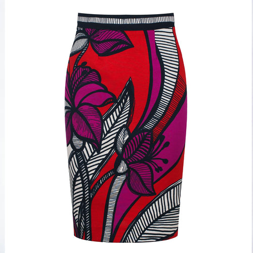 Floral Print Pencil Midi Skirt – Bold Colors, Elastic Waist, Back Slit