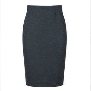 Charcoal Ribbed Pencil Midi Skirt – Subtle Stripe, Elastic Fit, Back Slit