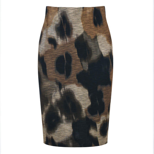 Abstract Print Textured Pencil Midi Skirt – Earth Tones, Elastic Fit, Back Slit