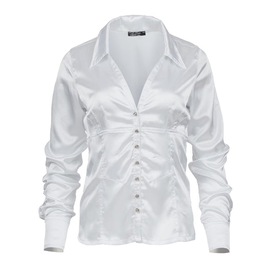 White Satin-Finish Blouse with Strass Button Detail – Fitted & Elegant