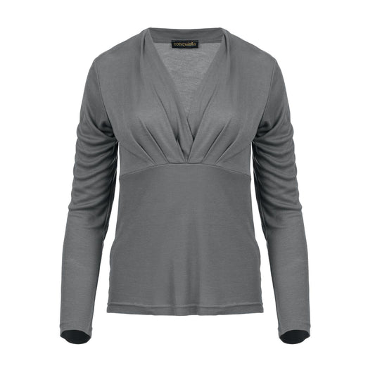 Soft Grey Ribbed Viscose Jersey Top – V-Neck, Long Sleeve
